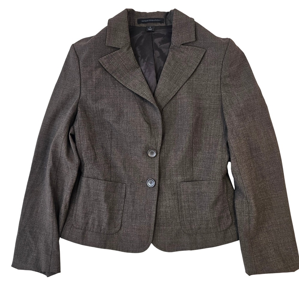 Express Design Studio Womens Blazer Brown Heathered Two Button Jacket Size 8